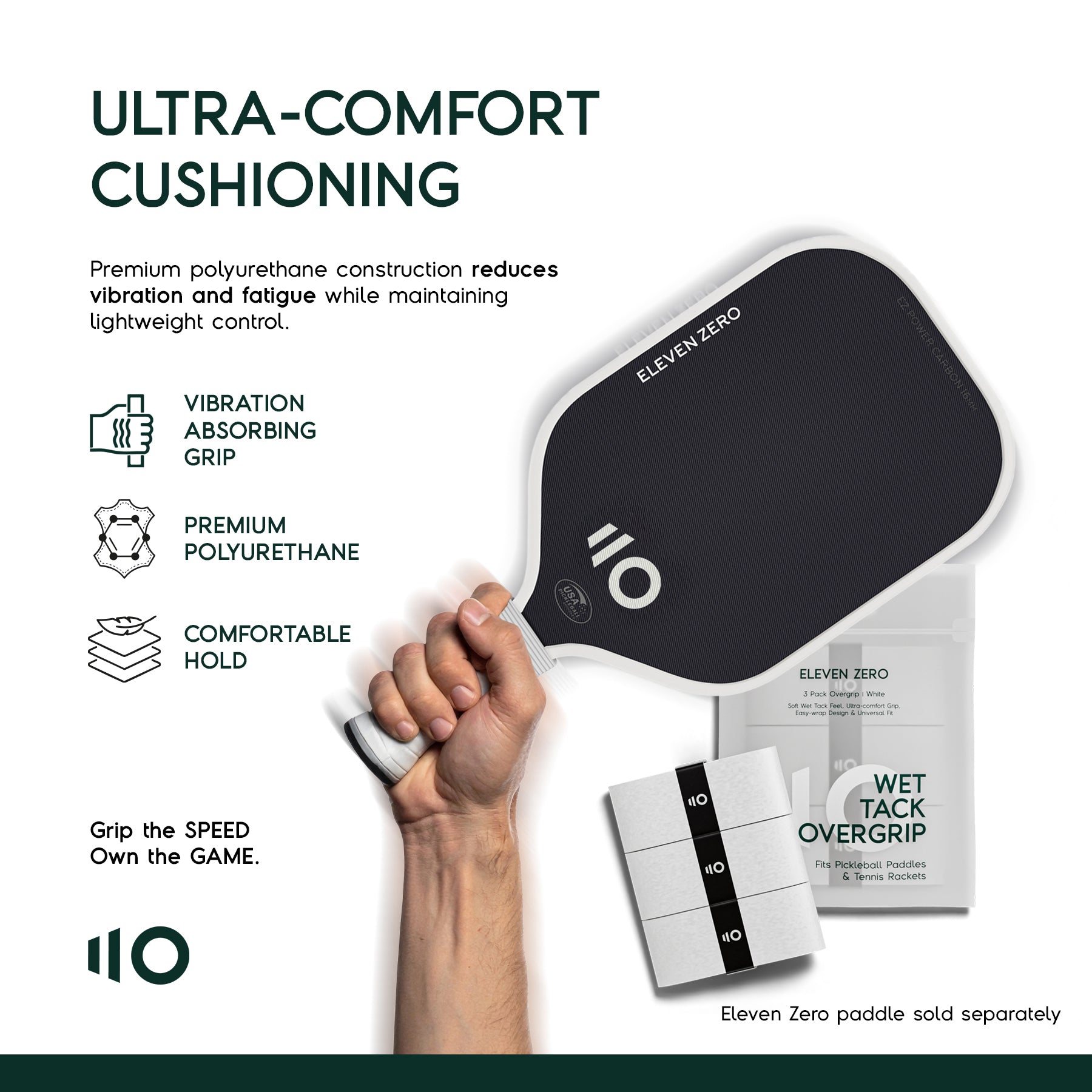 Hand holding Eleven Zero paddle wrapped in Wet Tack Overgrip with product packaging in background, promoting ultra-comfort cushioning.