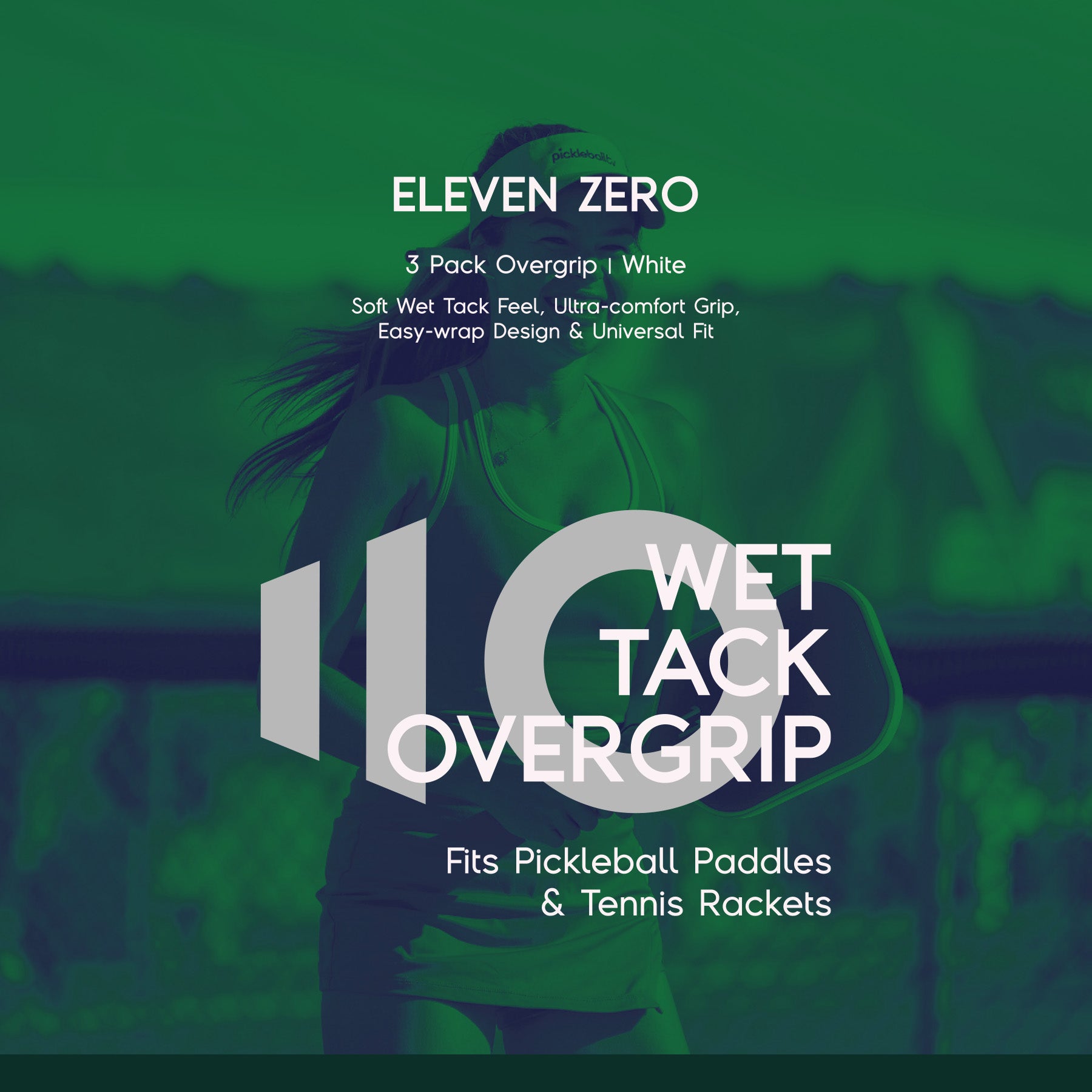 Promotional image with a player silhouette and Eleven Zero Wet Tack Overgrip text overlay highlighting professional-grade grip.