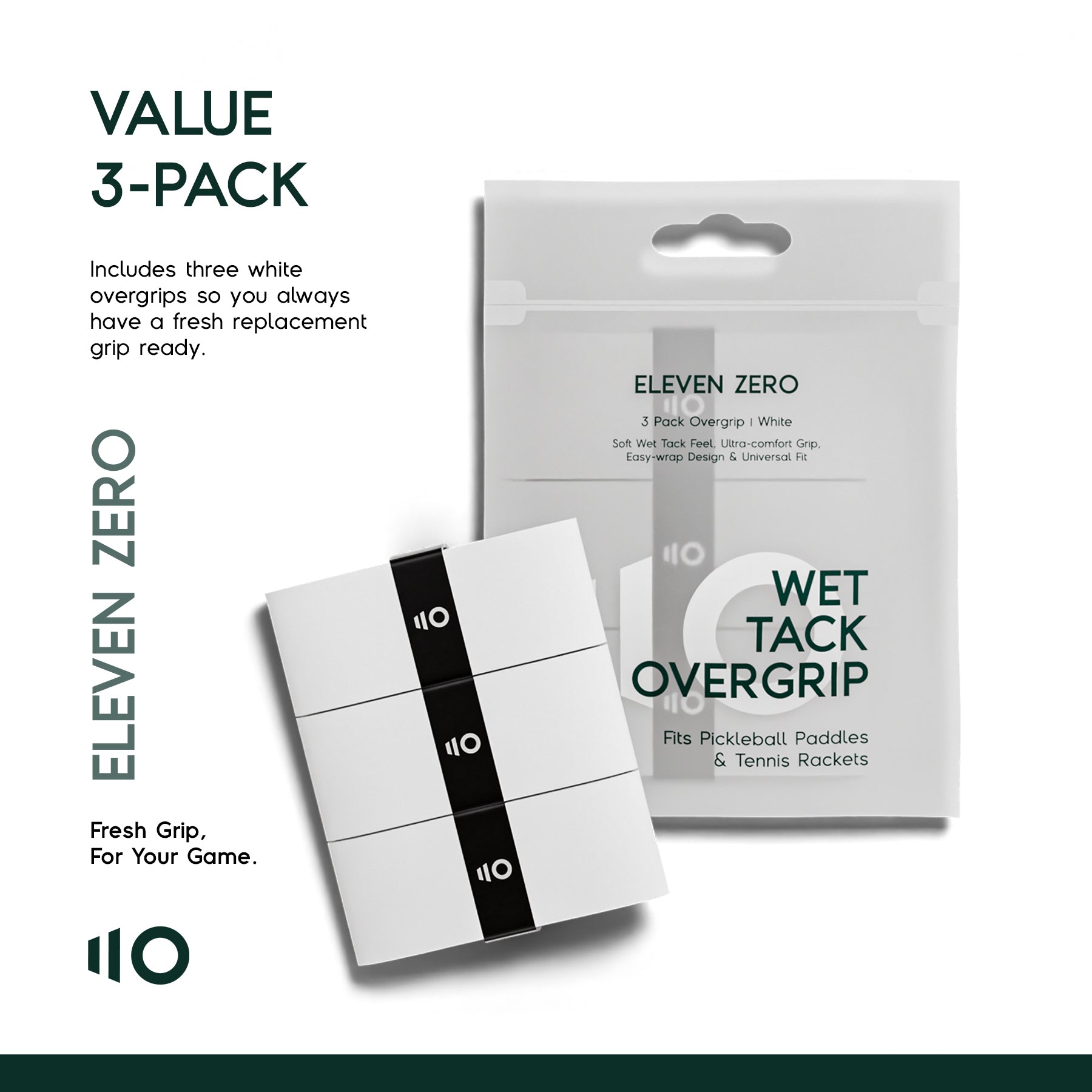Eleven Zero Wet Tack Overgrip value pack with three white grips and retail packaging for pickleball paddles and tennis rackets.