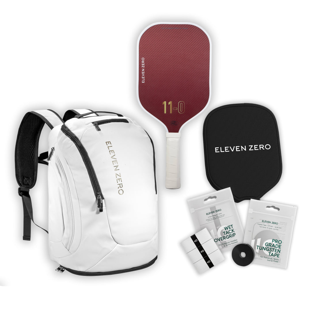 White Eleven Zero backpack with Kevlar paddle, paddle cover, wet tack overgrips, and tungsten tape for customization.