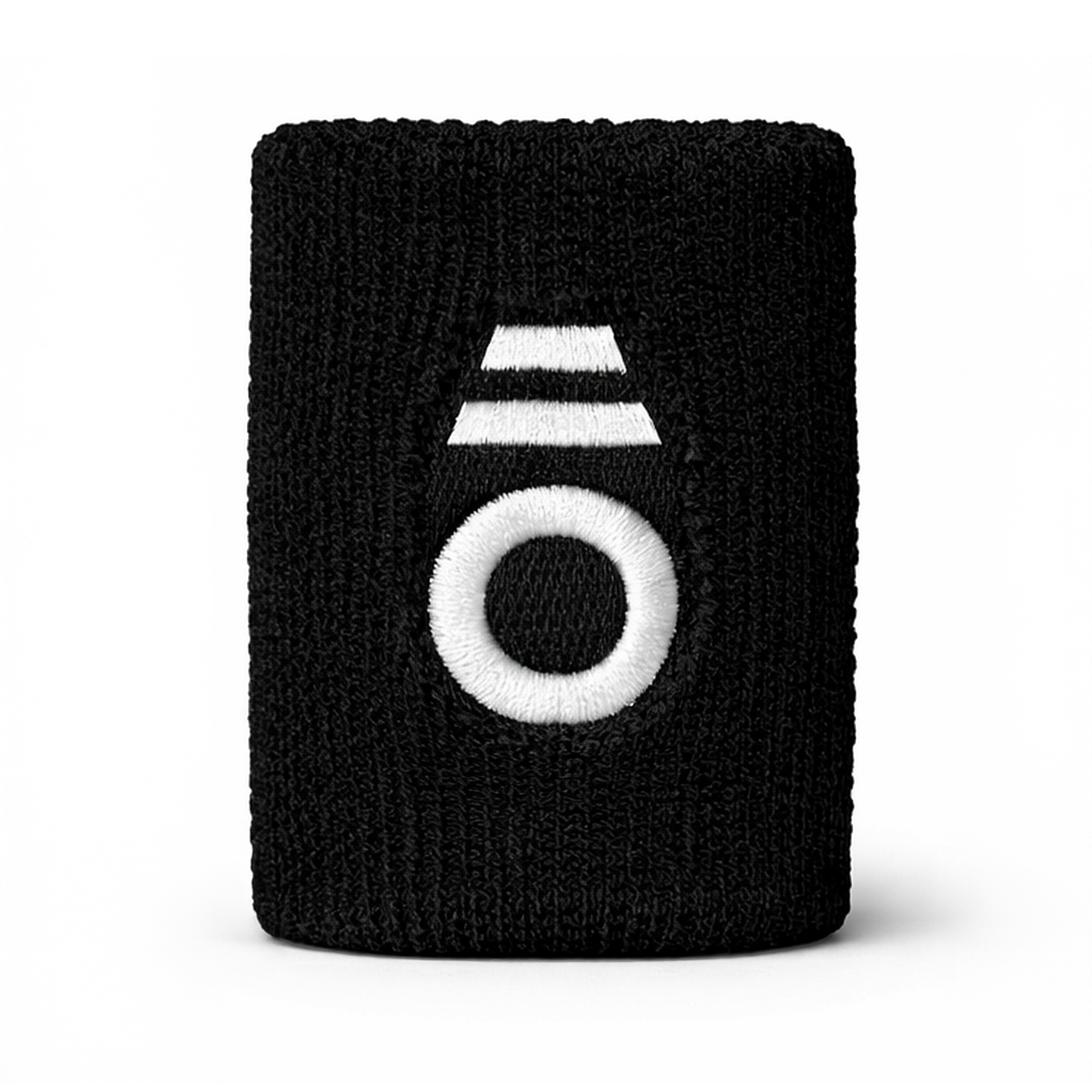 Black wristband with a white logo on a white background