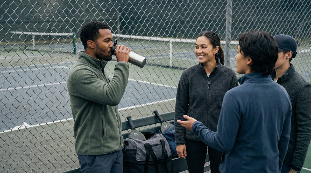 Four pickleball players talking courtside after a game with a bag of Eleven Zero paddles beside them