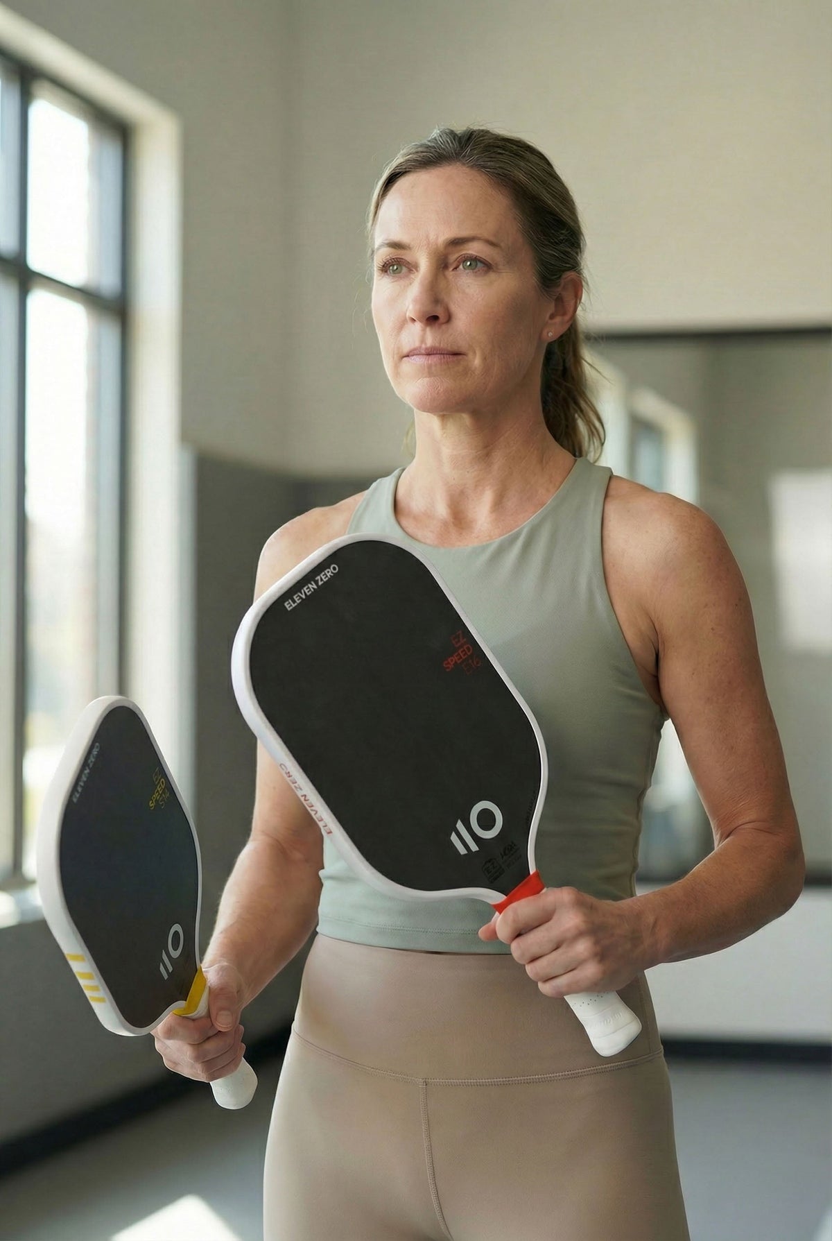 Player holding two Eleven Zero EZ Speed pickleball paddles side by side indoors