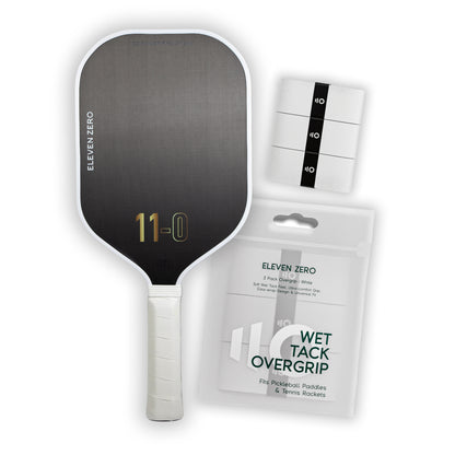 Carbon fiber Eleven Zero pickleball paddle and overgrip tape bundle showcasing performance-ready setup.