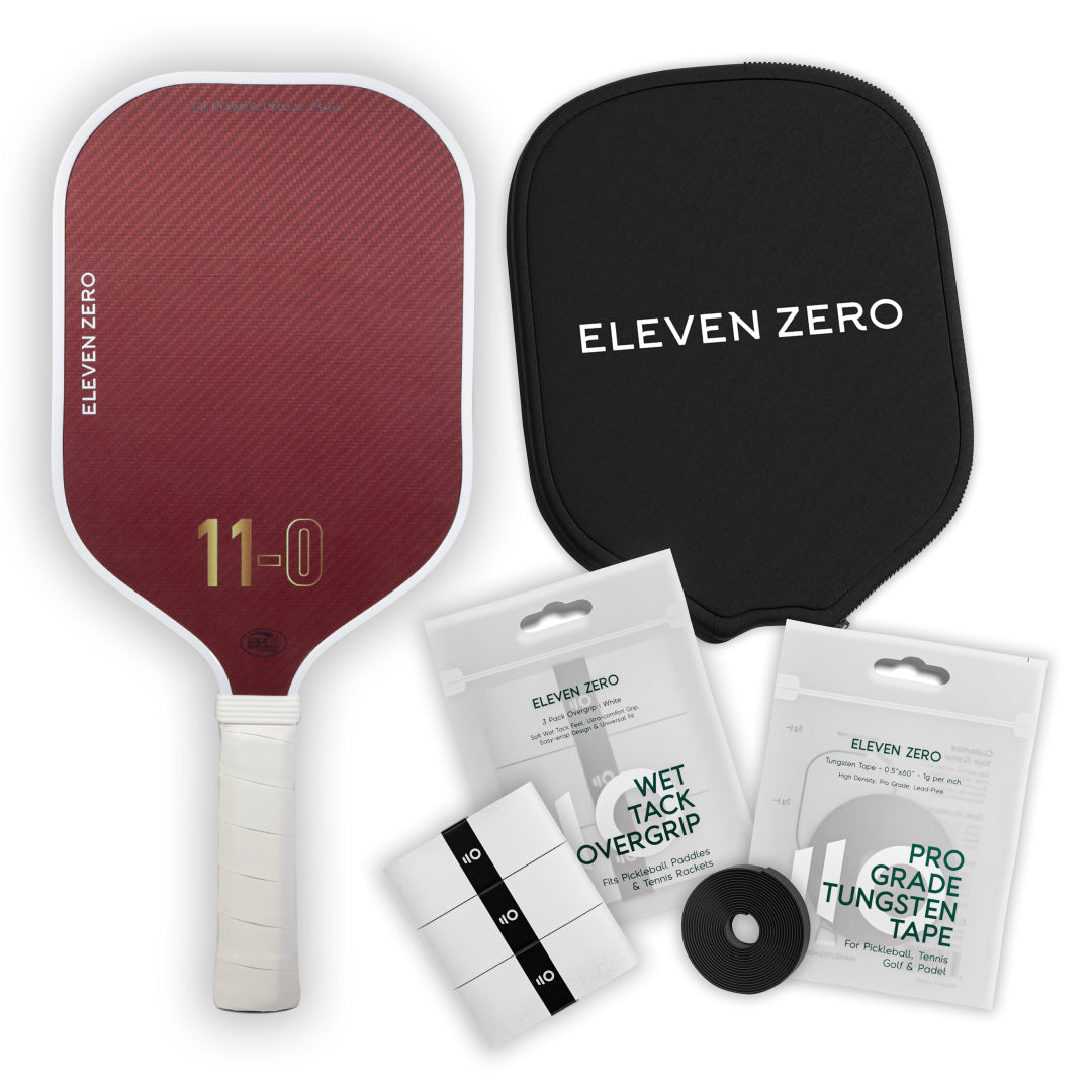 Eleven Zero Kevlar pickleball paddle bundle with paddle cover, overgrip tape, and tungsten tape.