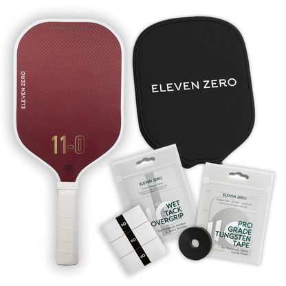 Eleven Zero Kevlar pickleball paddle bundle with paddle cover, overgrip tape, and tungsten tape.