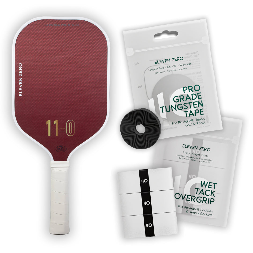 Eleven Zero Kevlar pickleball paddle with overgrip tape and tungsten tape bundle designed for custom balance and grip.