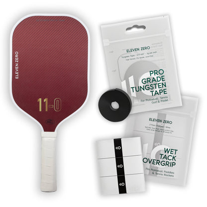Eleven Zero Kevlar pickleball paddle with overgrip tape and tungsten tape bundle designed for custom balance and grip.