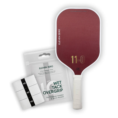 Eleven Zero Kevlar pickleball paddle with overgrip tape, offering a secure and comfortable hold.