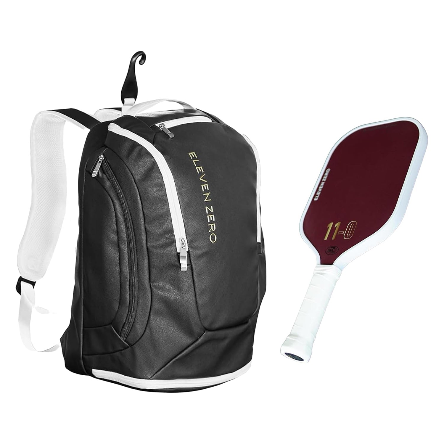 Black Eleven Zero pickleball backpack showcasing a modern, durable design with white accents and gold logo.