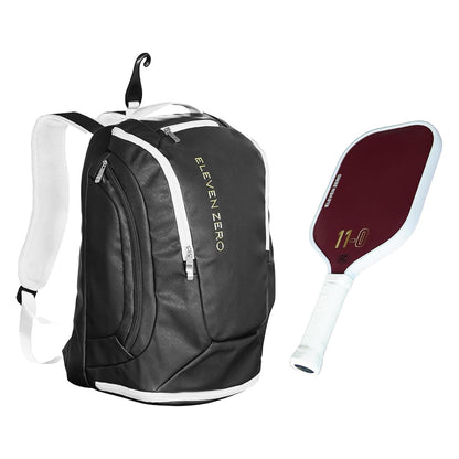 Black Eleven Zero pickleball backpack showcasing a modern, durable design with white accents and gold logo.