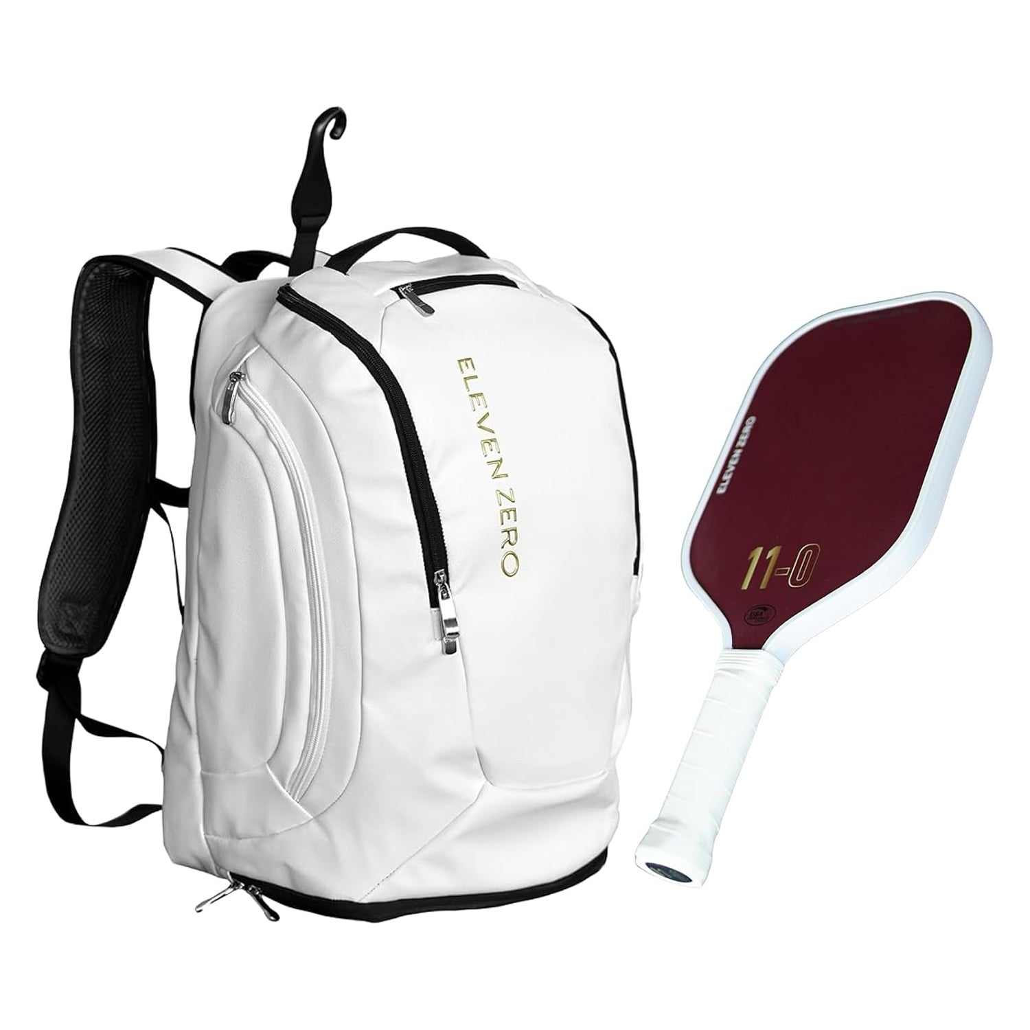 White Eleven Zero pickleball backpack featuring a sleek, durable design with black accents and gold logo.