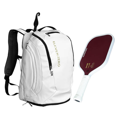 White Eleven Zero pickleball backpack featuring a sleek, durable design with black accents and gold logo.