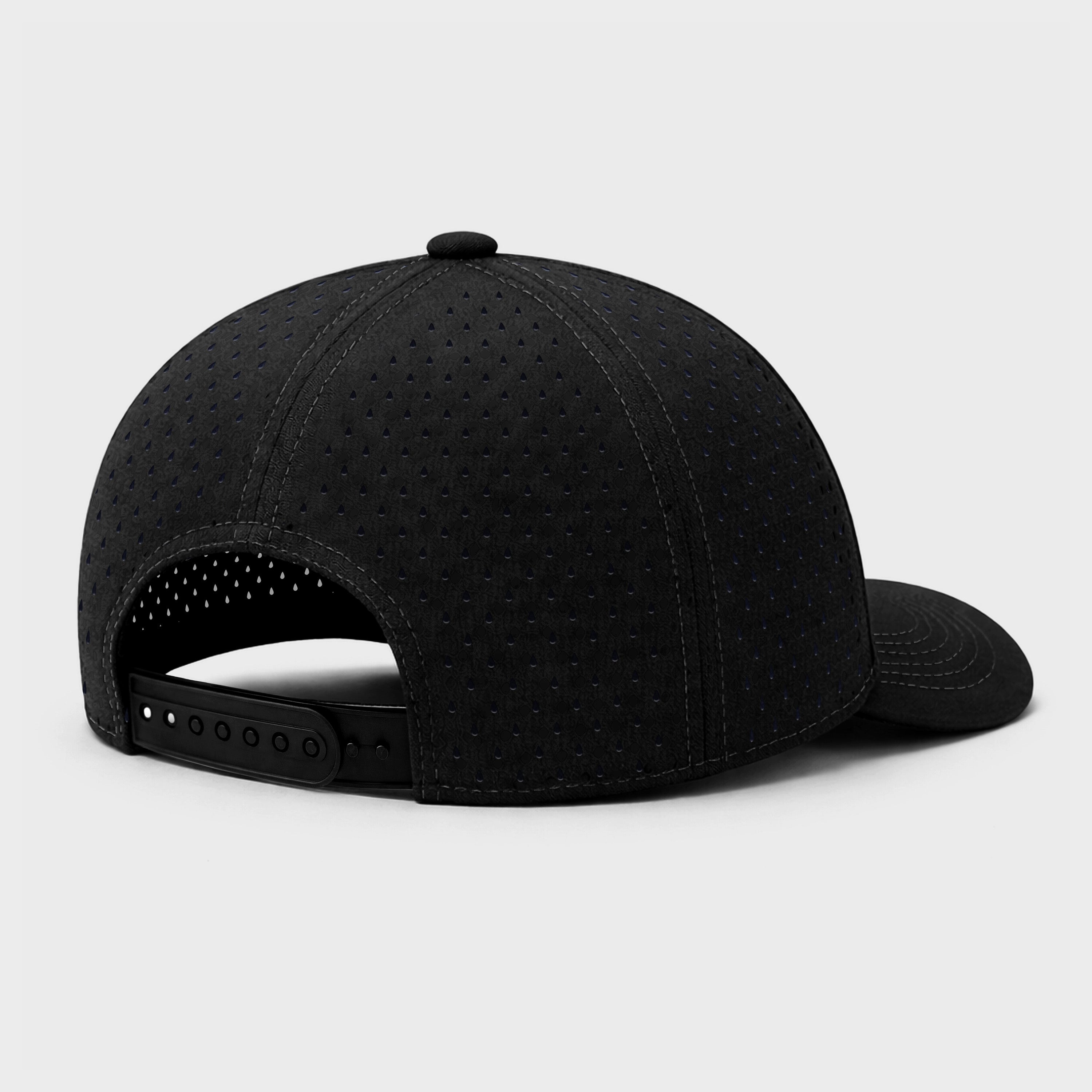 Black cap with perforated design on a light gray background