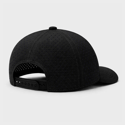 Black cap with perforated design on a light gray background