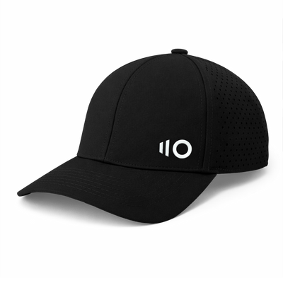 Black cap with a white logo on a transparent background