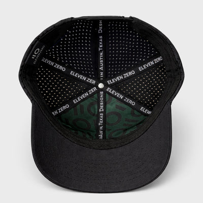 Black cap with branding on a light gray background