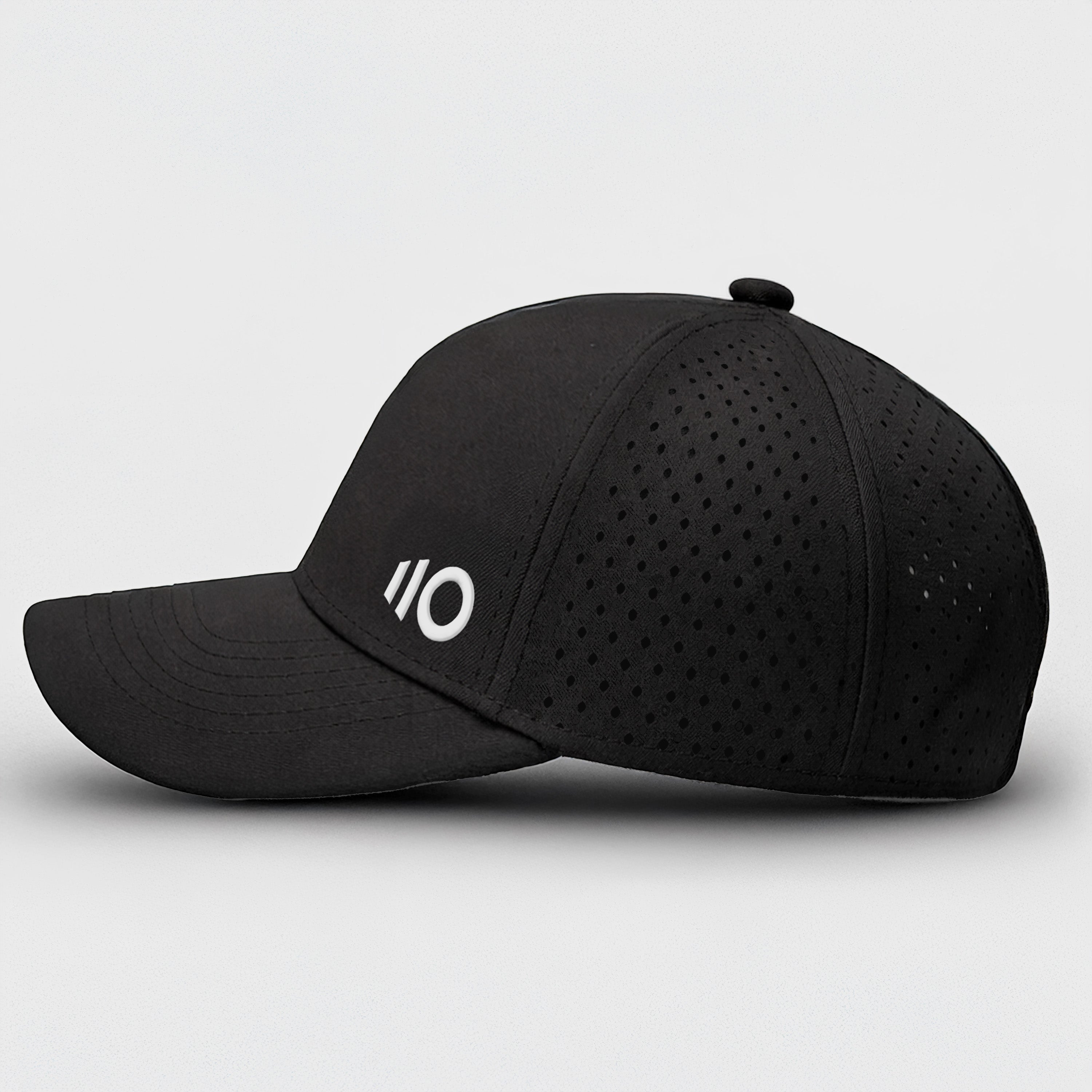 Black cap with a logo on a white background