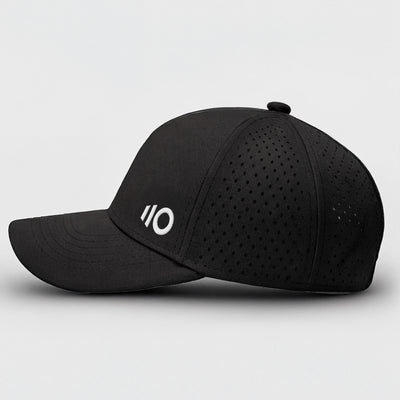 Black cap with a logo on a white background