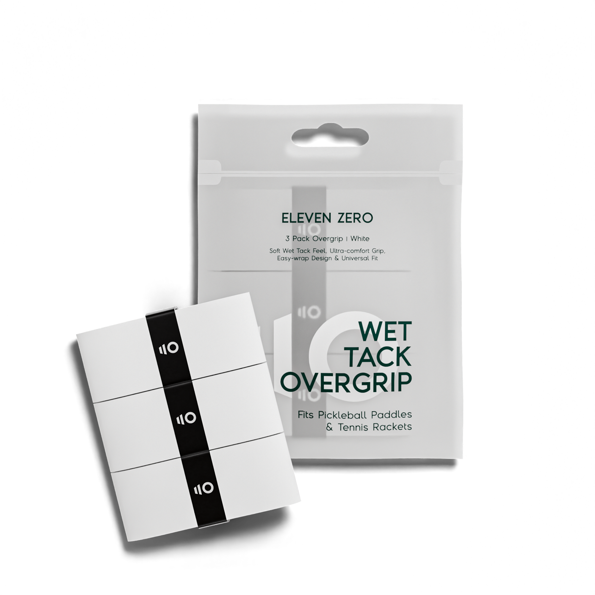 Studio shot of the 3 pack wet tack overgrip. Without a background.