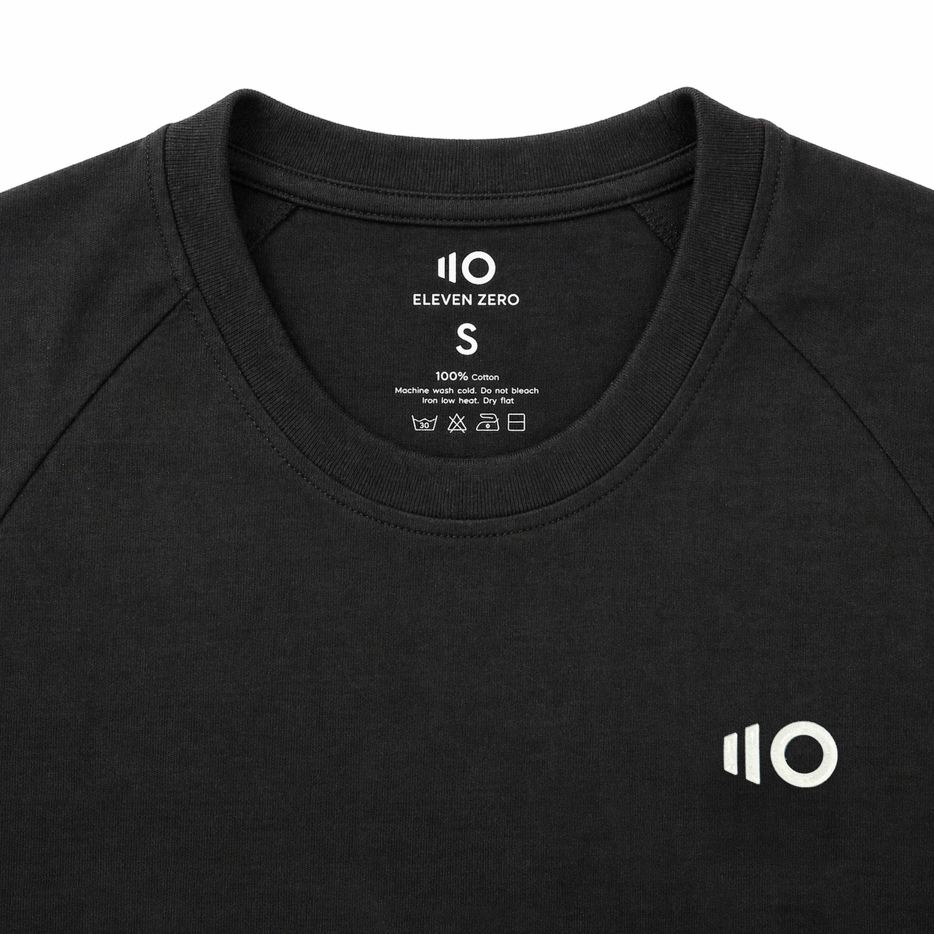 Black t-shirt with '110' logo and text on a white background