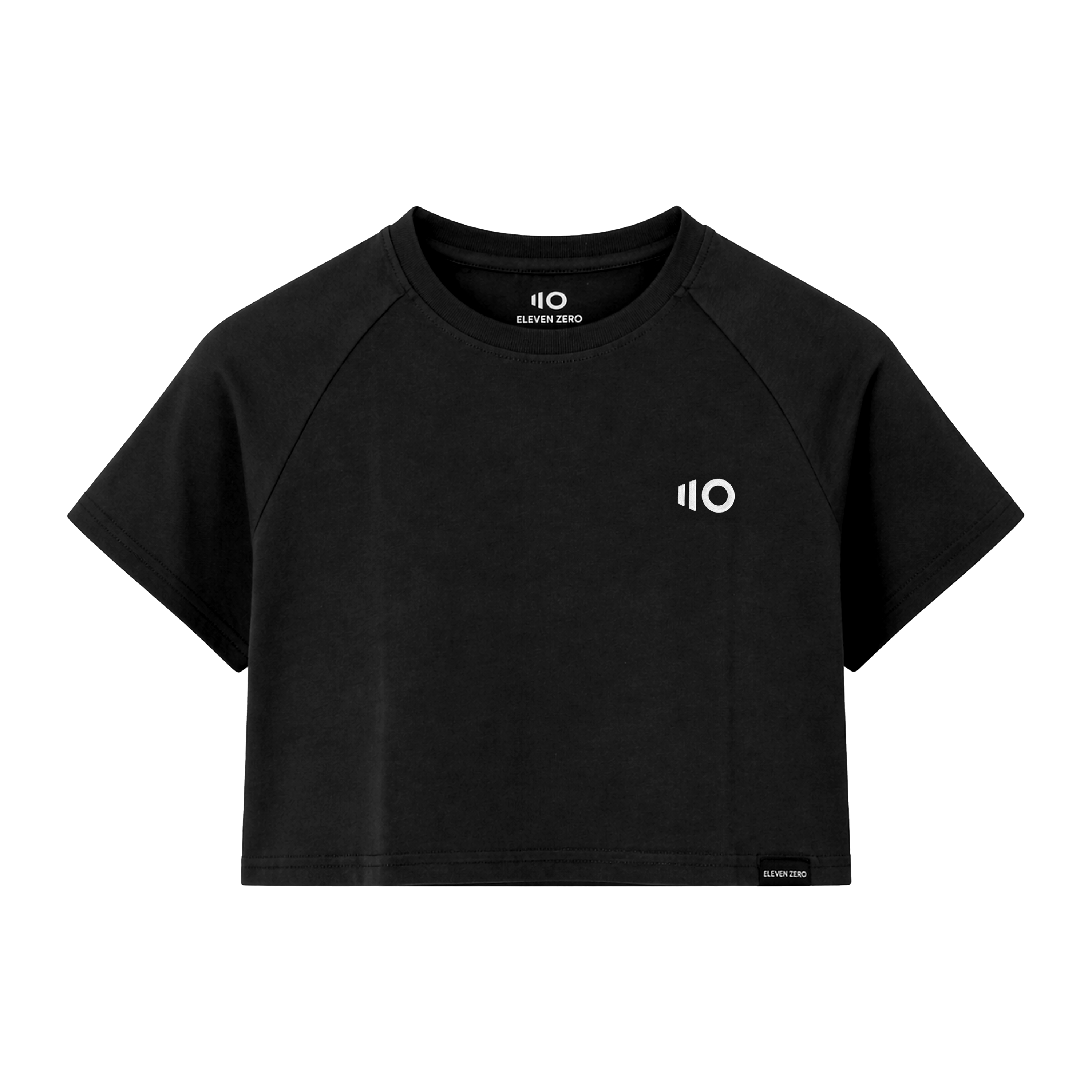 Black crop top with a logo on a white background