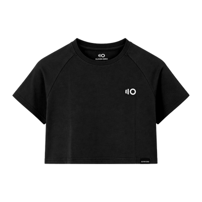 Black crop top with a logo on a white background