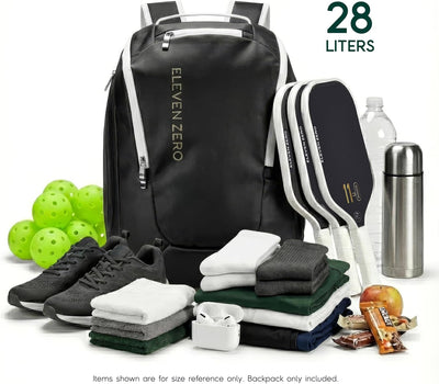 An image of the Eleven Zero backpack. Black backpack with items.