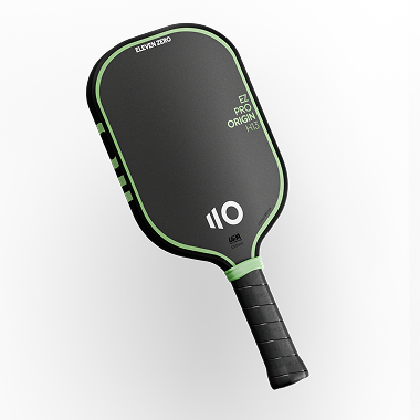 Eleven Zero EZ Pro Origin pickleball paddle with black carbon face, green edge trim, and black grip handle on black background.
