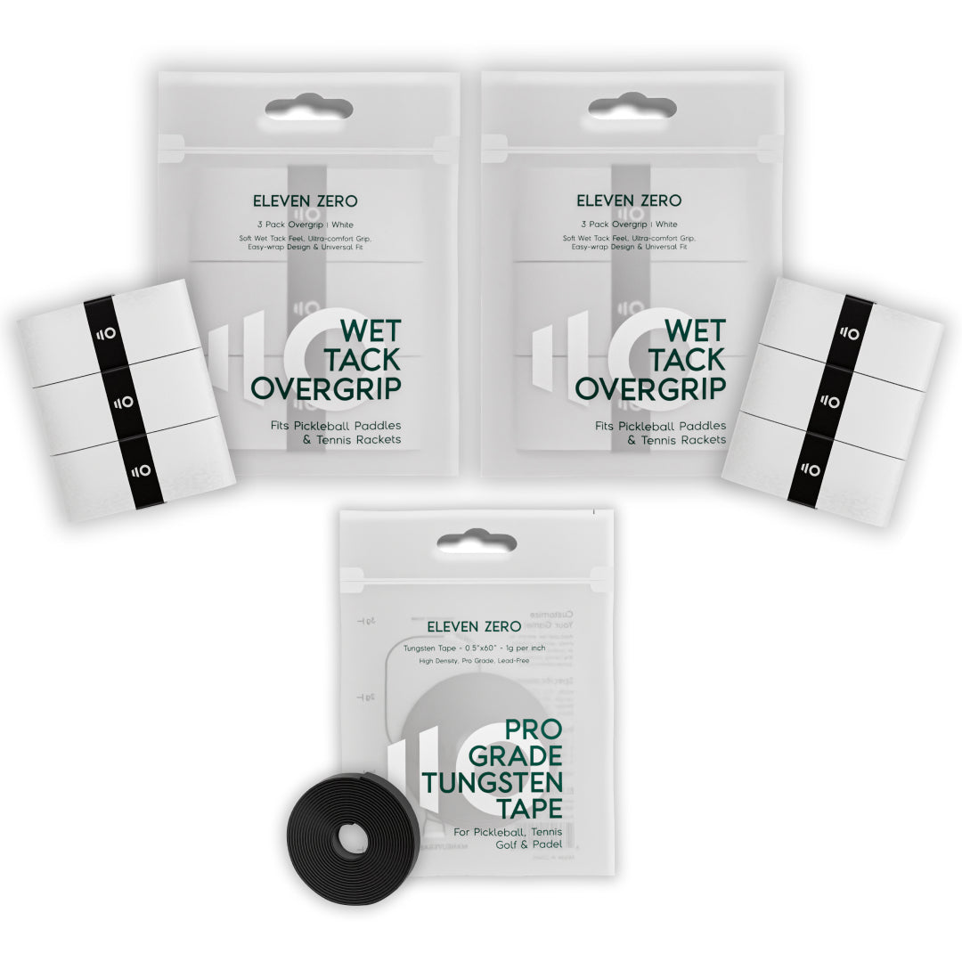 Eleven Zero wet tack overgrip packs combined with pro-grade tungsten tape for paddle customization.