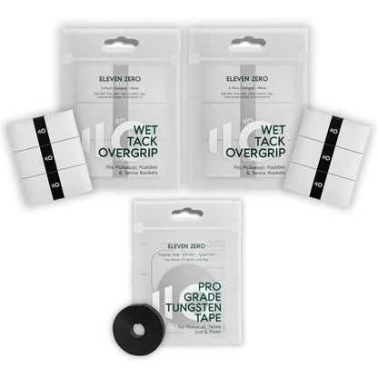 Eleven Zero wet tack overgrip packs combined with pro-grade tungsten tape for paddle customization.