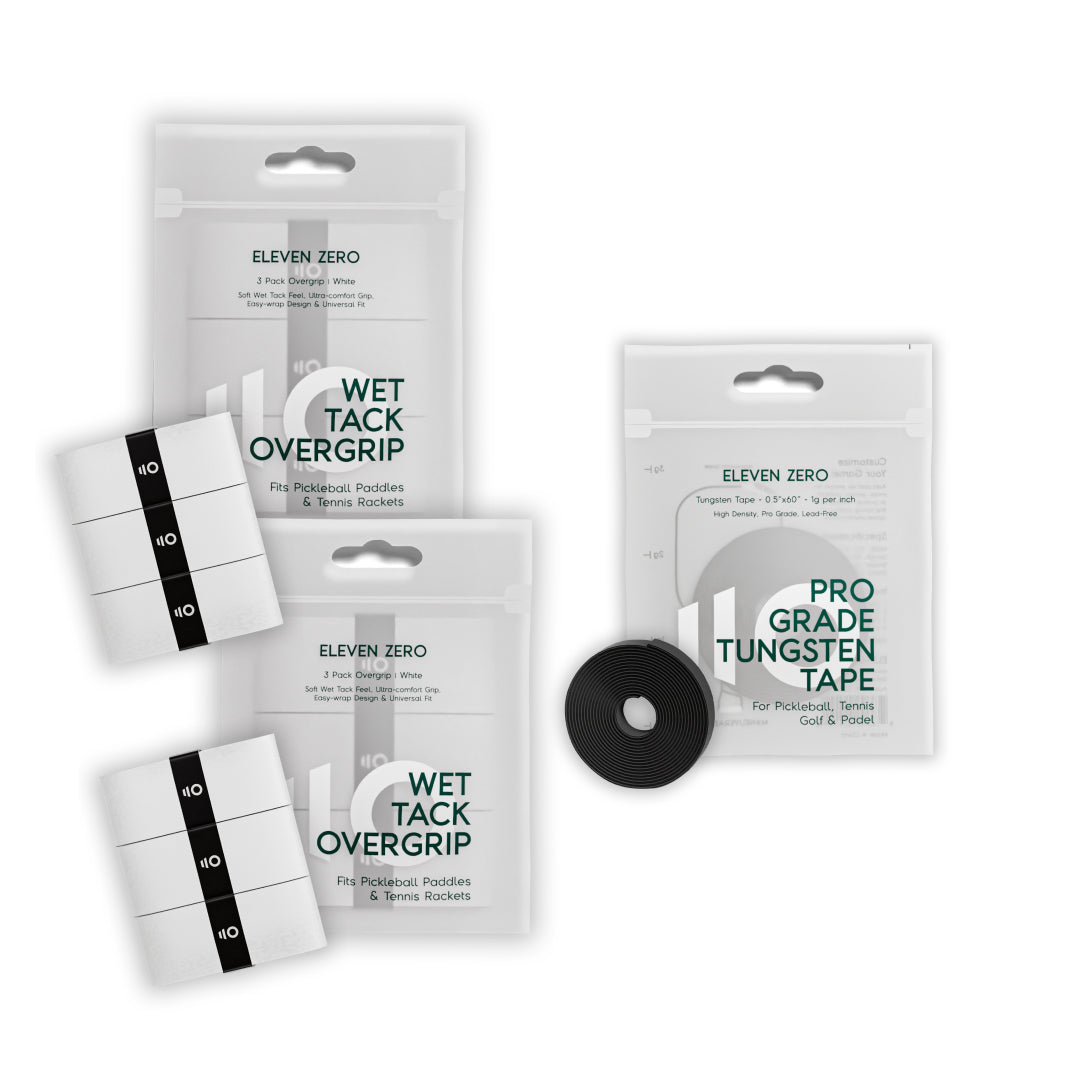 Set of two Eleven Zero overgrip packs paired with tungsten tape roll for added paddle weight and control.