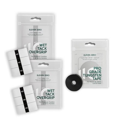 Set of two Eleven Zero overgrip packs paired with tungsten tape roll for added paddle weight and control.