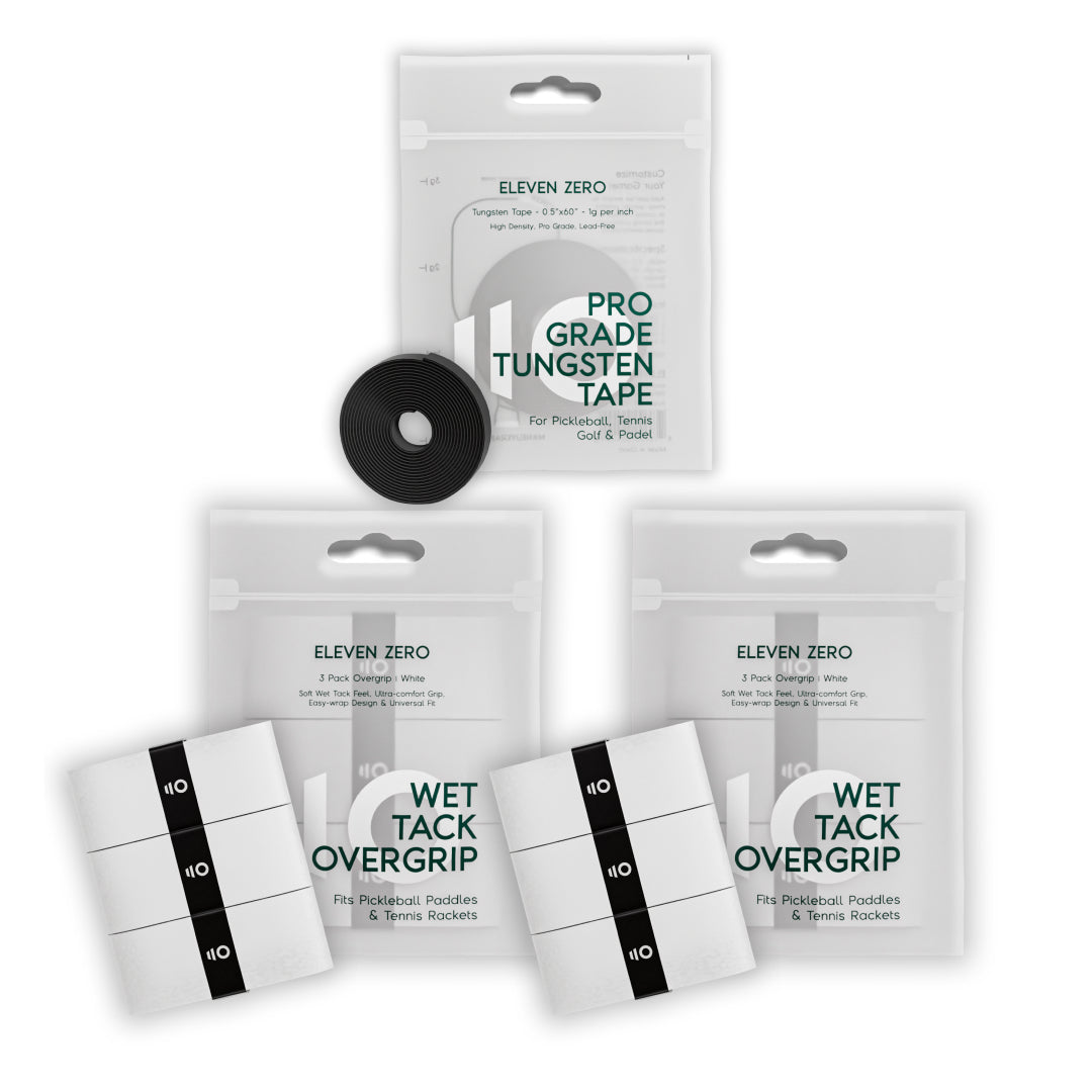 Eleven Zero tungsten tape roll displayed with two white Wet Tack Overgrip strips arranged beside the paddle handle.