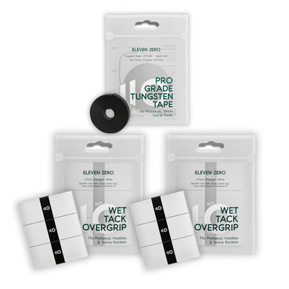 Eleven Zero tungsten tape roll displayed with two white Wet Tack Overgrip strips arranged beside the paddle handle.