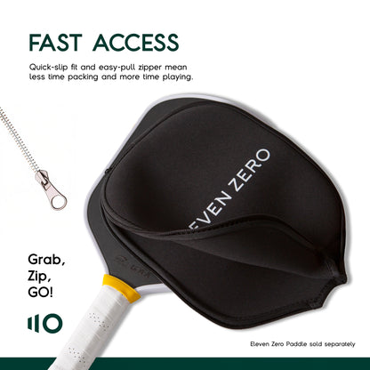 Eleven Zero pickleball paddle cover with zipper partially open, showcasing quick-access design for easy packing and play.
