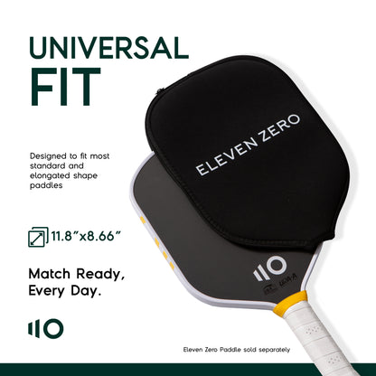 Eleven Zero paddle cover shown on pickleball paddle, featuring universal fit dimensions 11.8 x 8.66 inches.