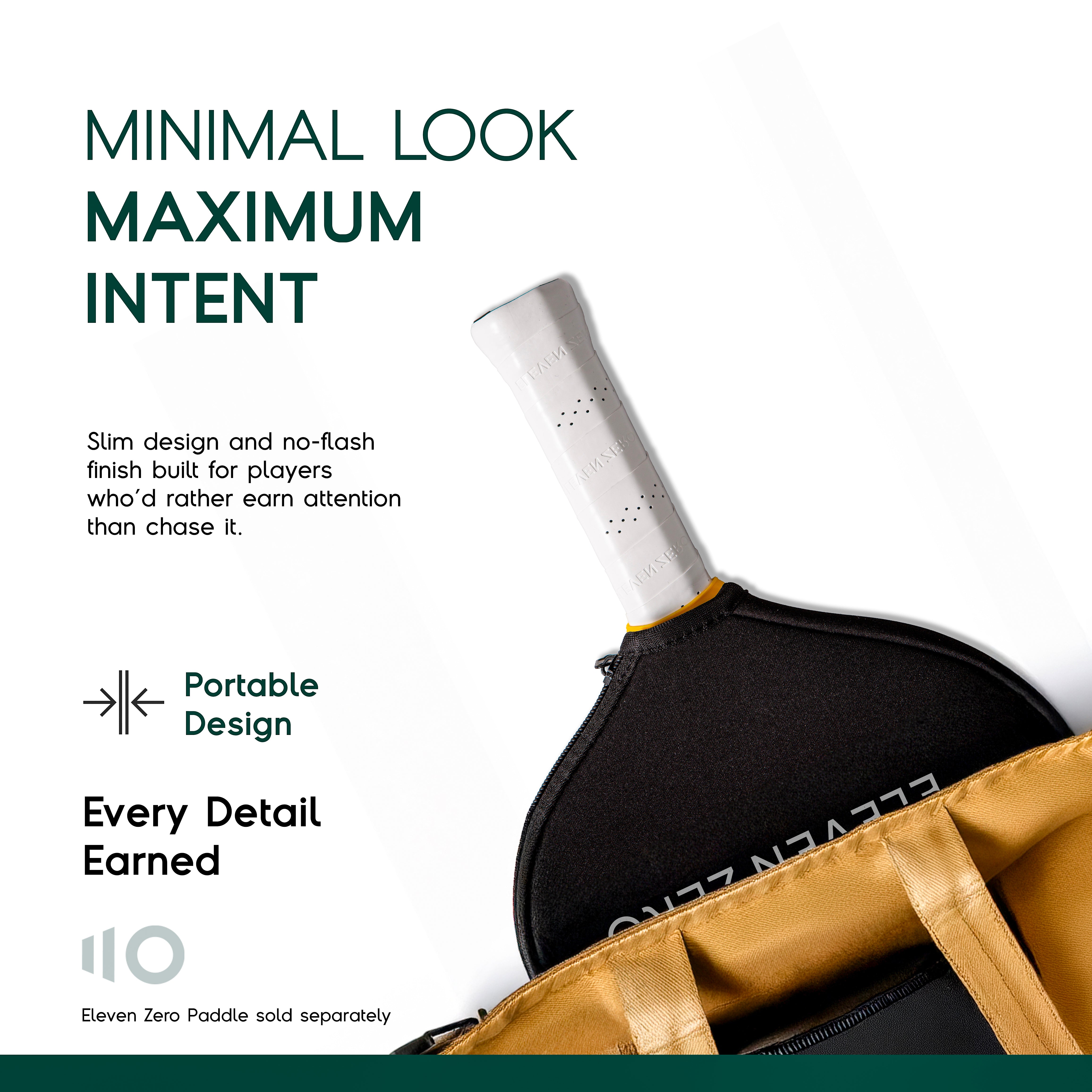 Eleven Zero paddle cover with paddle handle sticking out of a tan sports bag, promoting portable minimalist design.