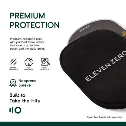 Eleven Zero paddle cover over a pickleball paddle, highlighting neoprene material for premium protection against scratches and impacts.