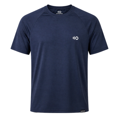 Navy blue t-shirt with a logo on a transparent background