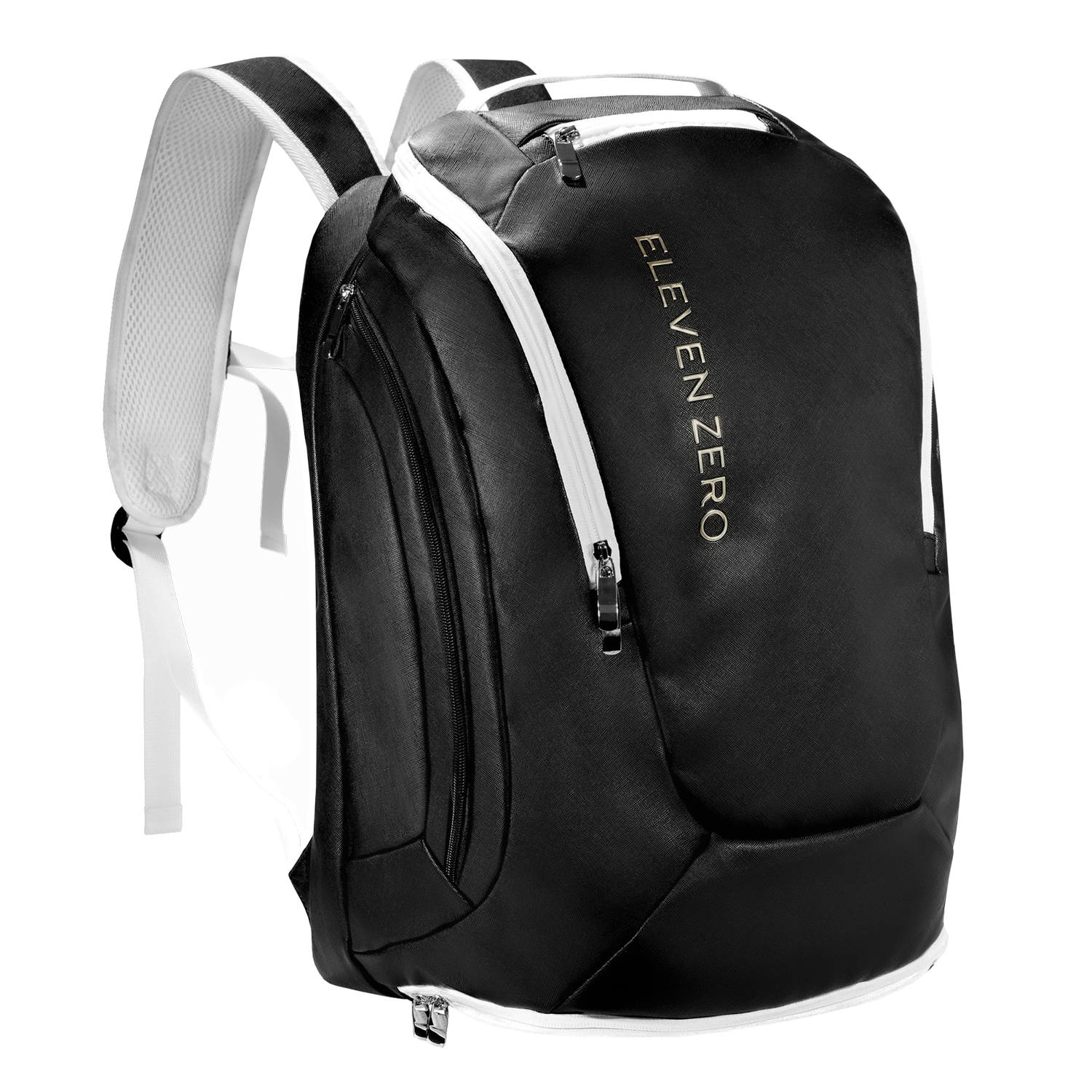 Front angled view of black Eleven Zero backpack with white zippers and gold logo.