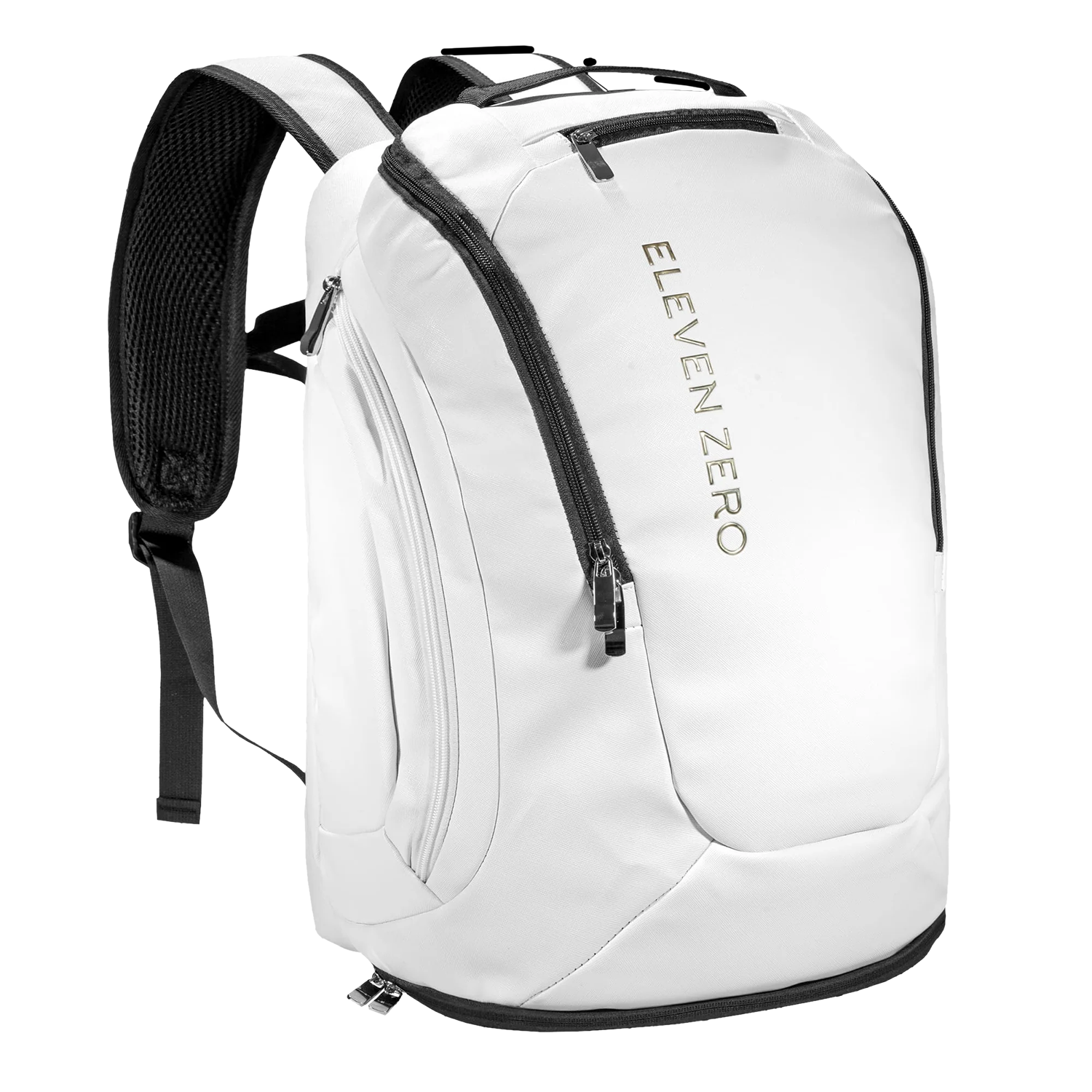 Front angled view of white Eleven Zero backpack showing top zippered pocket and logo detailing.