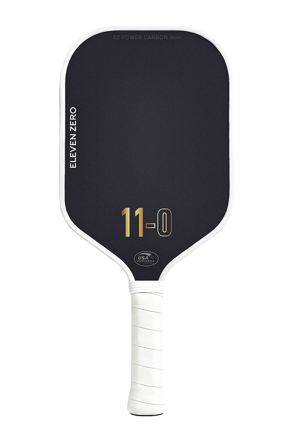 Front view of the Eleven Zero Carbon pickleball paddle in black with gold “11-0” logo and white trim
