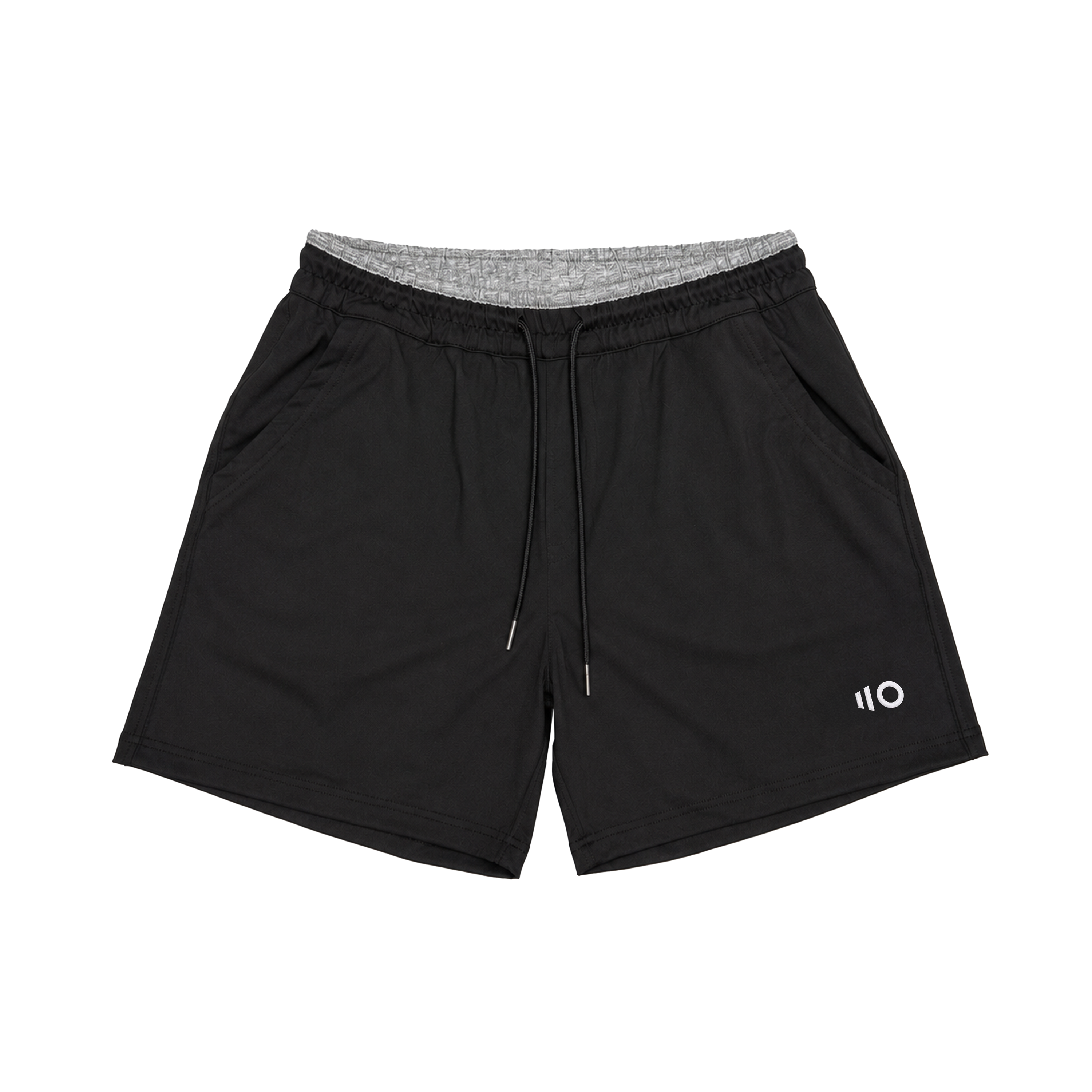 Black shorts with a gray waistband on a white background