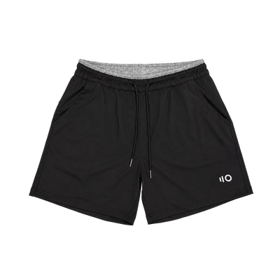 Black shorts with a gray waistband on a white background