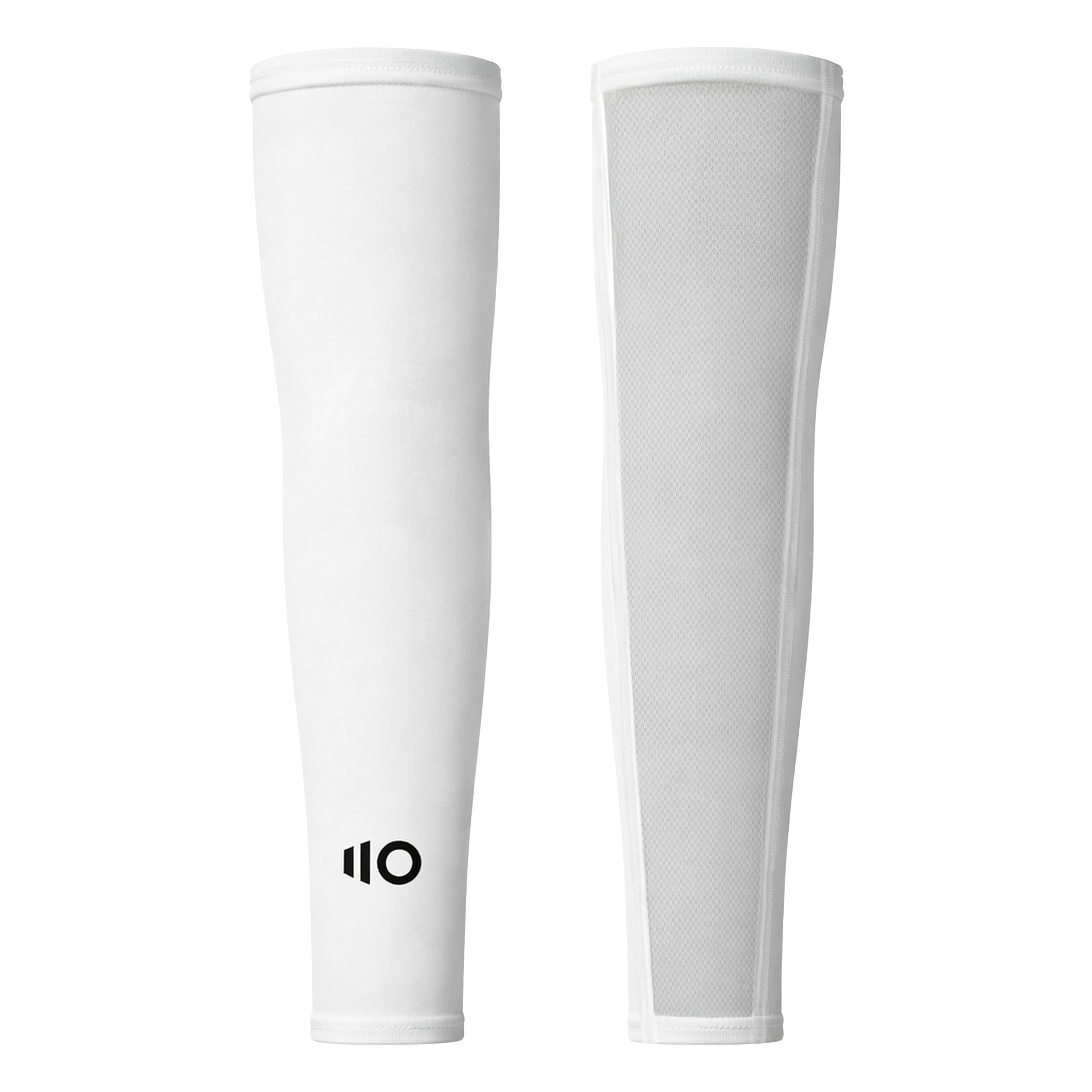 White compression sleeves with a logo on a white background