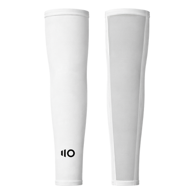 White compression sleeves with a logo on a white background