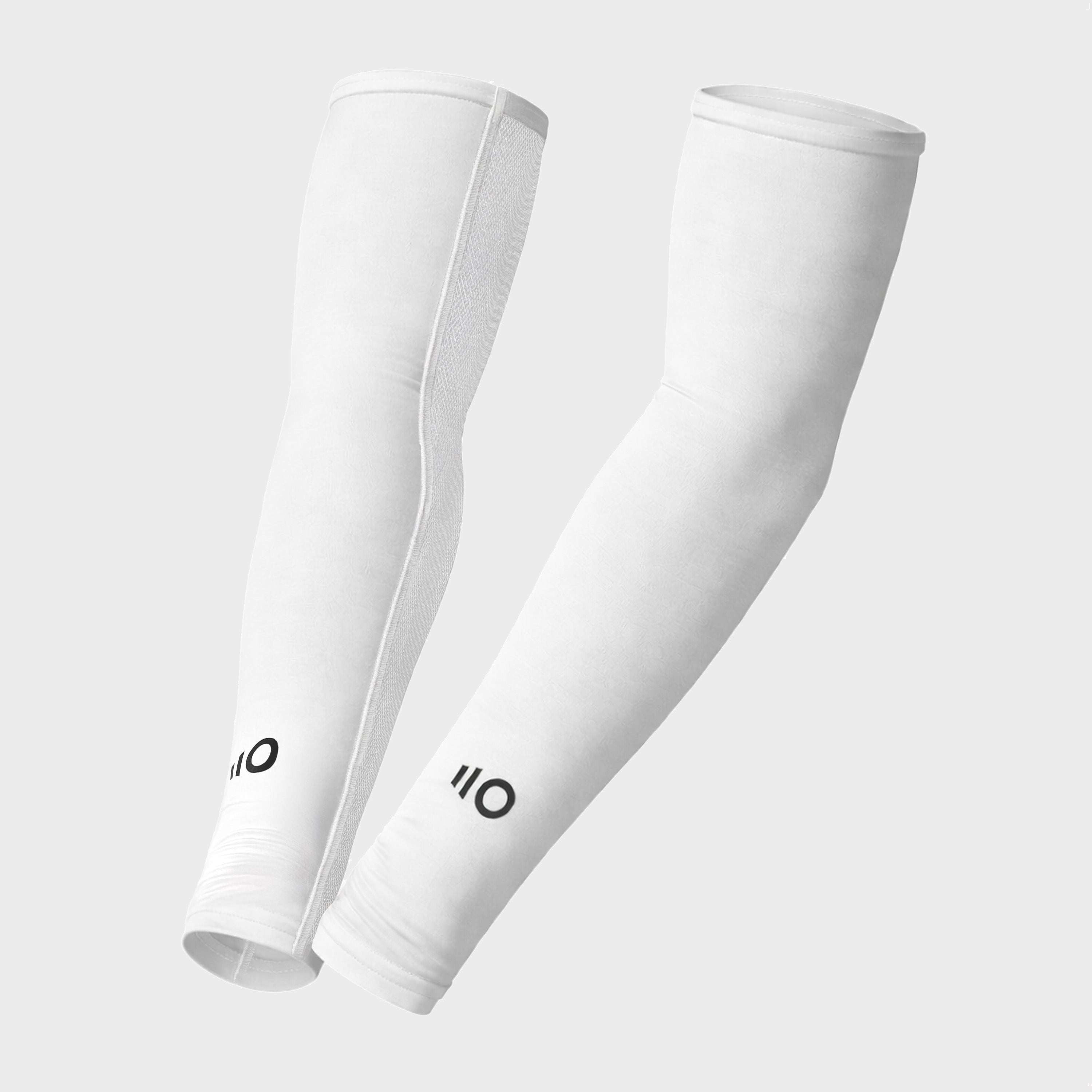 Pair of white arm sleeves with a logo on a white background