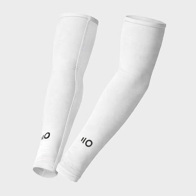 Pair of white arm sleeves with a logo on a white background