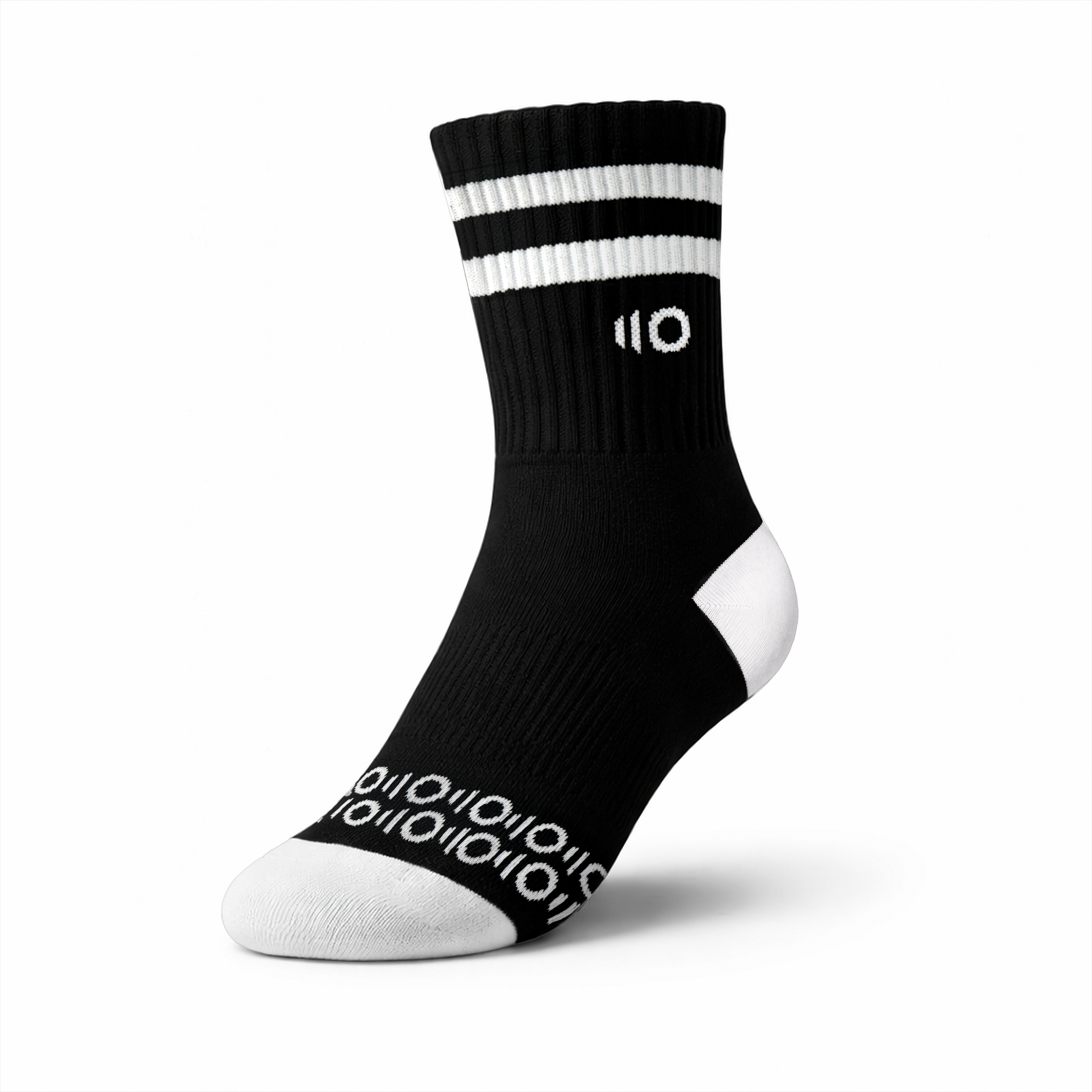 Black sock with white stripes and text on a transparent background